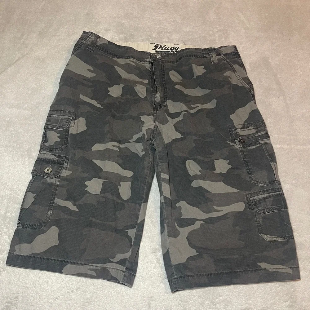 Vintage Plugg Shorts Mens 36 Gray Camo Cargo Ripstop Multi Pocket Baggy Y2K